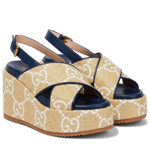 Gucci | Shoes | Gucci Gg Logo Raffia Platform Wedges Sandals